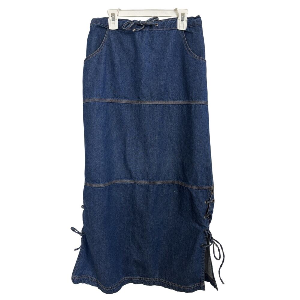 Y2K Denim Lace Up Maxi Skirt M Cowgirl Cottagecore Western Modest Boho Festival